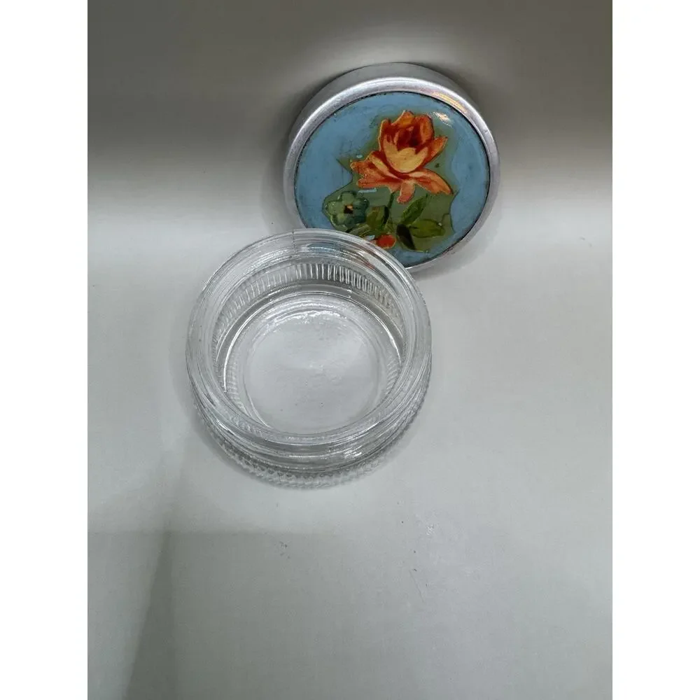 Vintage Vanity Powder Jar Ribbed Glass w/ Floral Metal Lid 1930s-50s
